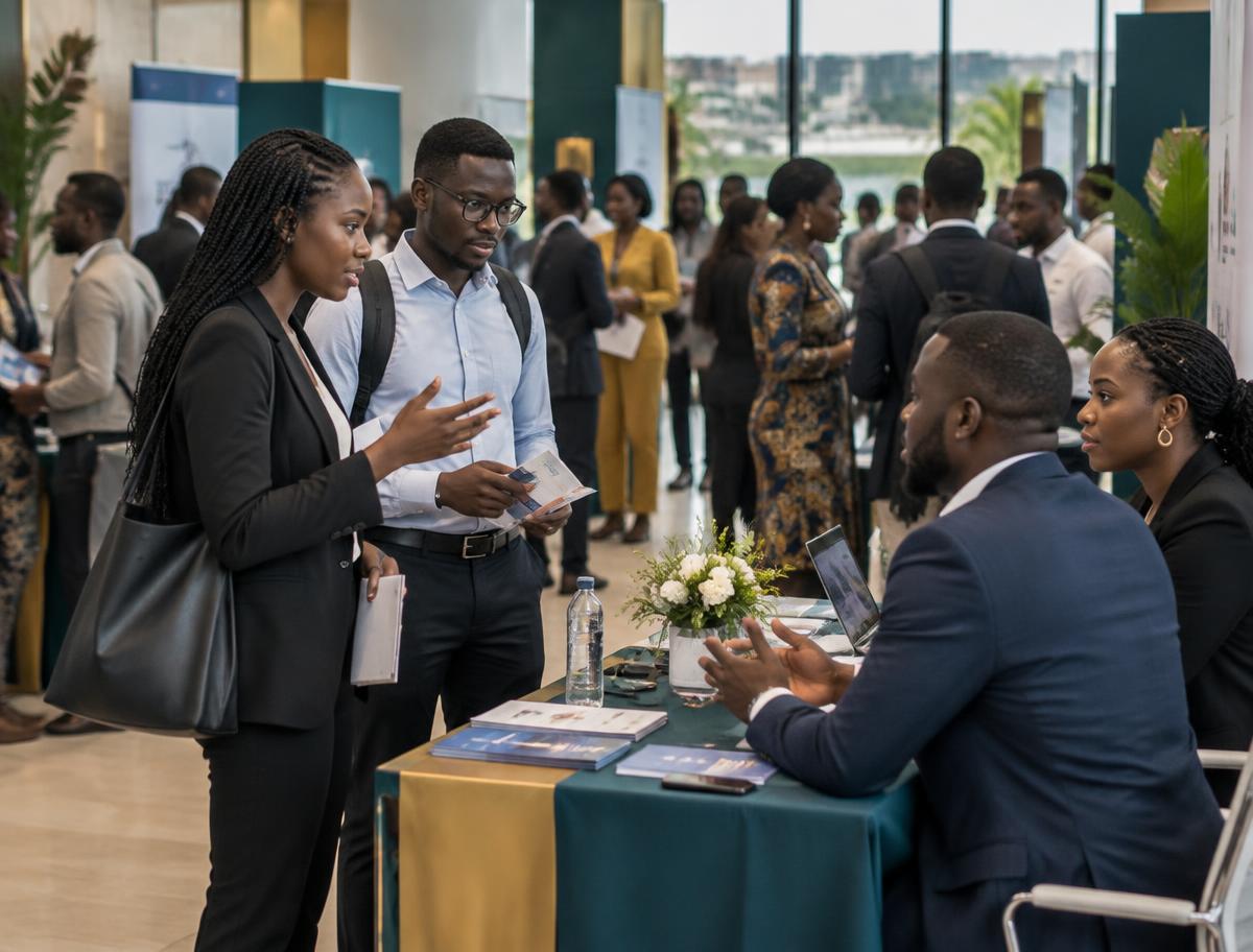 African graduates meeting employers at a career event